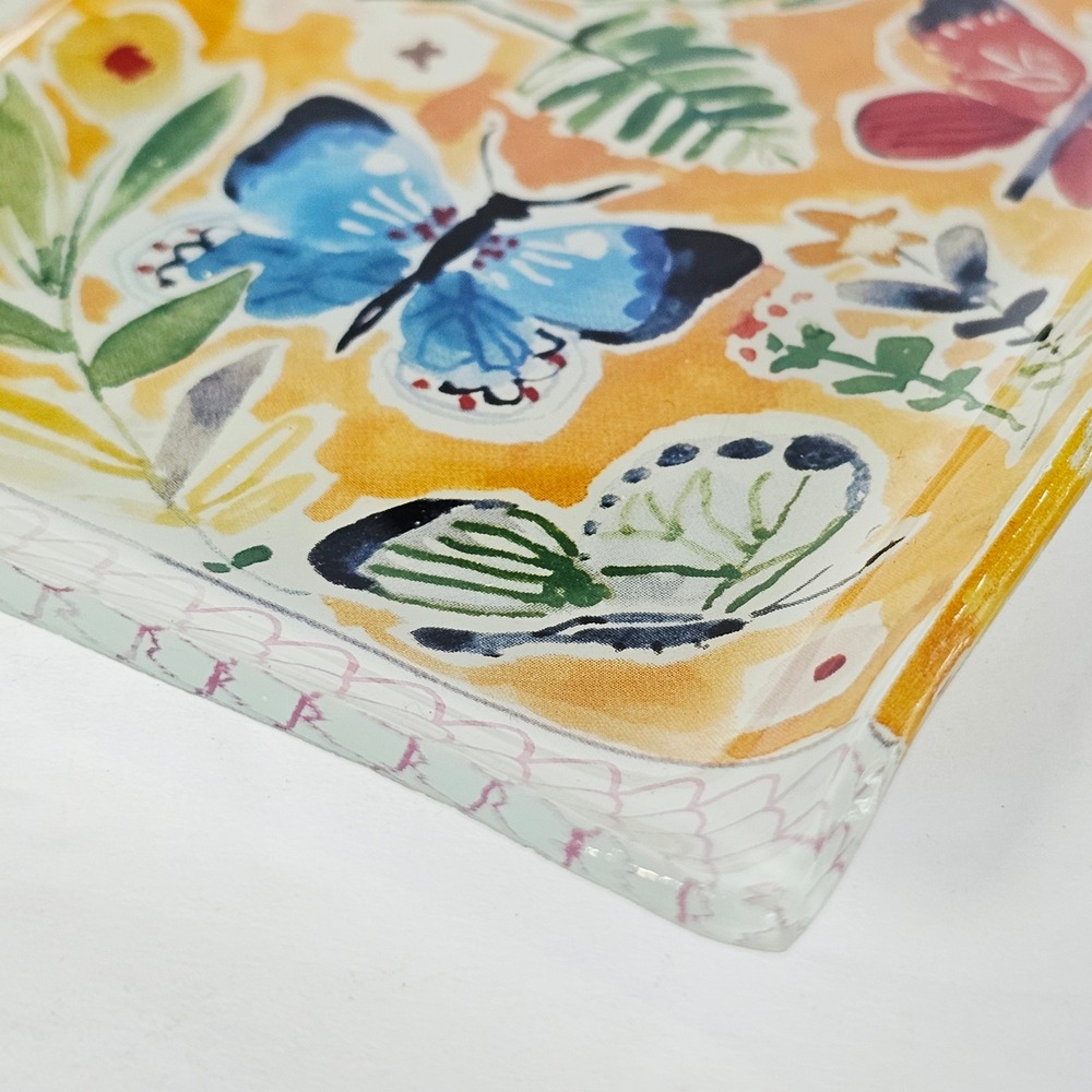 Butterfly Floral Glass Trinket Dish Yellow Rectangular Vanity Tray Decor - Picture 4 of 8